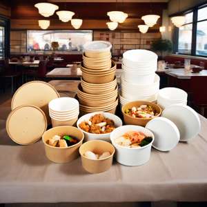 Bol en papier blanc rond jetable de 1000 ml et 1300 ml avec couvercle pour salades et plats à emporter - Product Image 1