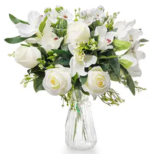 Artificial Flowers With Vase Faux Silk Roses and Orchids Flower Arrangements for Home Garden Party Wedding Decoration