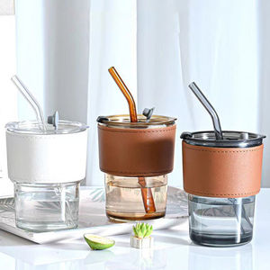 Tasse à café en bambou tendance et élégante, portable, grande capacité, pour jus/lait, avec pailles et couvercles, tasses à thé et soucoupes réutilisables - Product Image 4