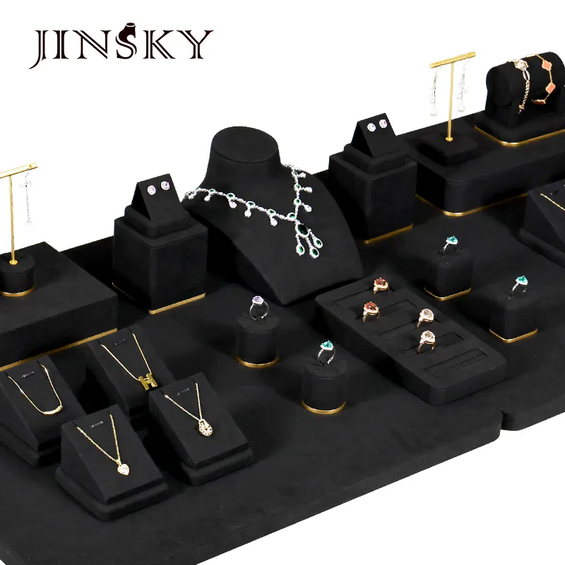 Jinsky ชุดจัดแสดงเครื่องประดับไมโครไฟเบอร์สีดำหรูหราสร้อยคอสร้อยข้อมือหยกหน้าต่าง