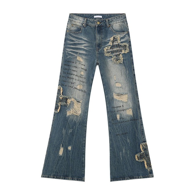 Custom Graffiti Print Unisex Patch Embroidered Denim Jeans Washed Distressed Whisker Ripped Vintage Printed Jeans Manufacturer