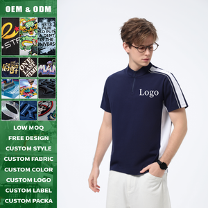 Camiseta de punto de manga corta para hombre, bicolor, con media cremallera y cuello simulado, 220g, algodón mercerizado, ajuste holgado, informal, transpirable, para fitness - Product Image 4