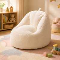 Sillón Reclinable Moderno de Piel Sintética Sherpa Color Crema, Sofá Tipo Puff con Respaldo Alto para Sala de Estar o Dormitorio