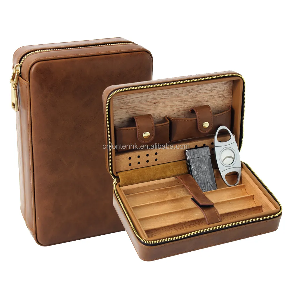 कस्टम 4ct जेब यात्रा बॉक्स देवदार मामले चमड़े सिगार मामलों/humidors के साथ जिपर