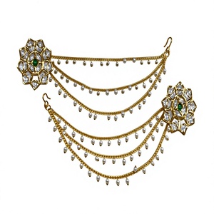Boucles d'oreilles de haute qualité, aspect pierre perlée, finition dorée, style traditionnel, pour fêtes, mariages, collection pour femmes. - Product Image 2