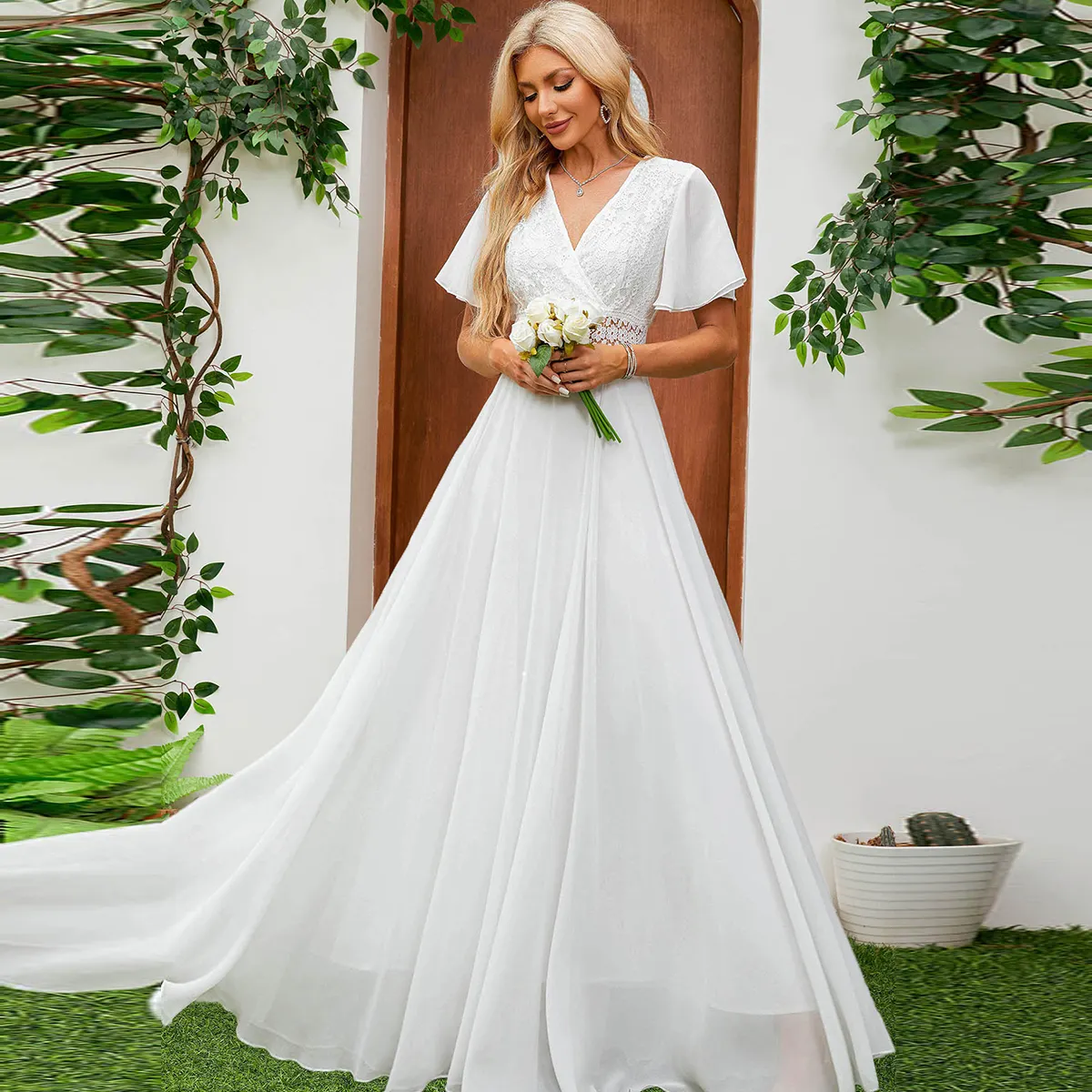 White chiffon trumpet sleeve waist long full swing wedding dress