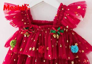 Baby Girl Breathable Tulle Flying Sleeve <b>Christmas</b> Star Cake Festive Spaghetti Strap Princess Tutu <b>Toddler</b> <b>Dress</b> 12 Month - Product Image 5