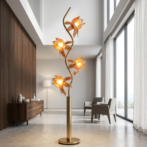 Lámpara de Pie Decorativa con Base Curva en Forma de Loto y Acabado Dorado Premium, Lámpara de Pie con Flor de Cristal para Decoración del Hogar - Product Image 1