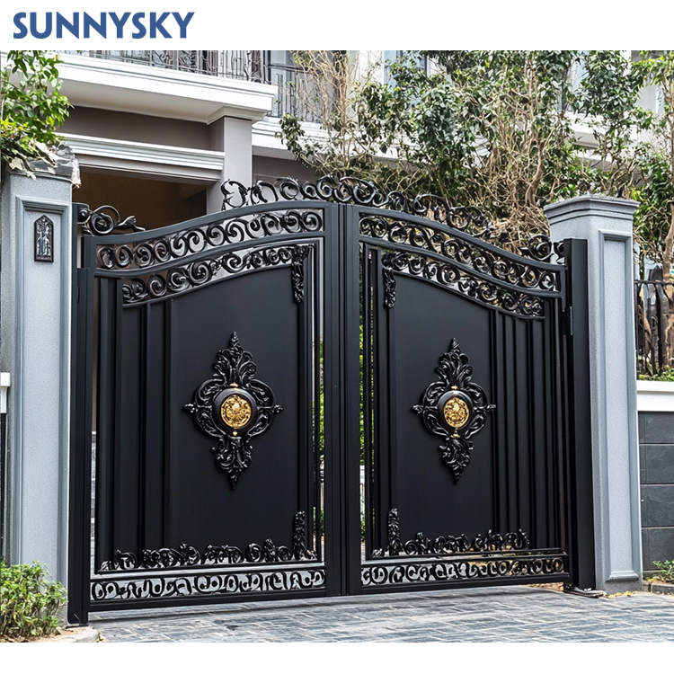 Sunnysky автоматический Дом Роскошный стальной забор ворота дизайн металла кованого железа двойные распашные подъездные ворота