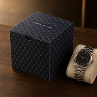 Boîte cadeau rigide géométrique bleu marine mat avec impression personnalisée pour montres et bijoux, carton pliable à extrémités rabattables, emballage de luxe haut de gamme