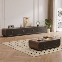Ensemble console TV et table basse en bois finition noyer rétro avec tiroirs à fermeture douce, coins arrondis et design bicolore pour salon