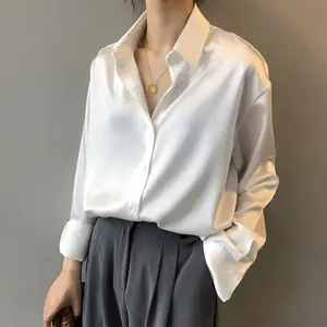 2024 personnalisé nouveau automne dames à manches longues blanc Blouse décontracté bouton Satin blanc chemises col rabattu soie Blouses pour les femmes