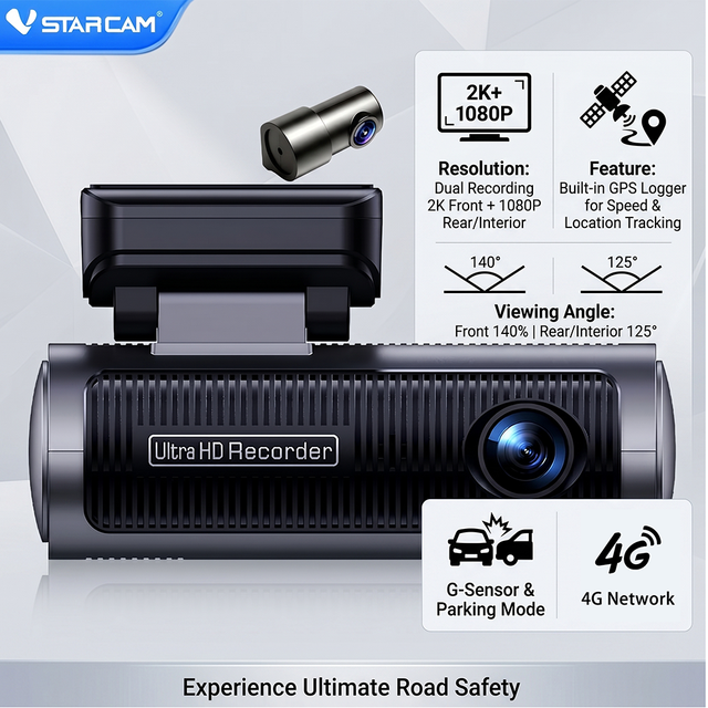 Vstarcam M8 4G Vehicle Recorder Front 2560x1440 Rear 1080P Human Alert Algorithm Parking Time Lapse GPS Beidou HotKam App 256GB