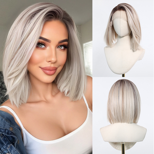 Peluca Bob de Encaje Frontal con Base de Seda 13x6 Future Fiber, Gris Plateado, Alta Calidad, 150% de Densidad, Resistente al Calor, Cabello Corto Liso y Suave - Product Image 2