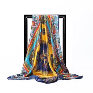 Marineblauw Beige Vrouwelijke Satijn Zijde Sjaal Mode Accessoires Vrouwen Ketting Bloemen Patroon Herfst Winter Sjaals