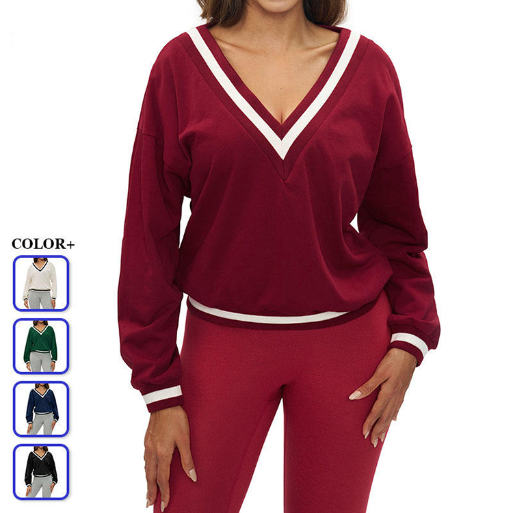 Premium Polyester Cotton V Neck Loose Sports Sweatshirt Women Long Sleeve Casual Outdoor Running Training Yoga Top