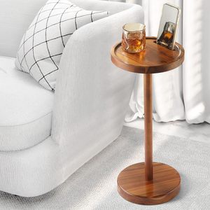 Pedestal Side <strong>Table</strong>, Acacia <strong>Drink</strong> <strong>Table</strong> with Weighted Base, <strong>Small</strong> Round Side <strong>Table</strong> for <strong>Small</strong> Spaces with Phone Holder - Product Image 1