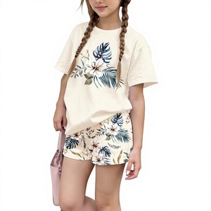 Beige Girls Casual 2Pcs Set Short Sleeve T-Shirt Print Solid Color <b>Elastic</b> Waist Shorts Comfortable Pajamas Summer Outfit - Product Image 1