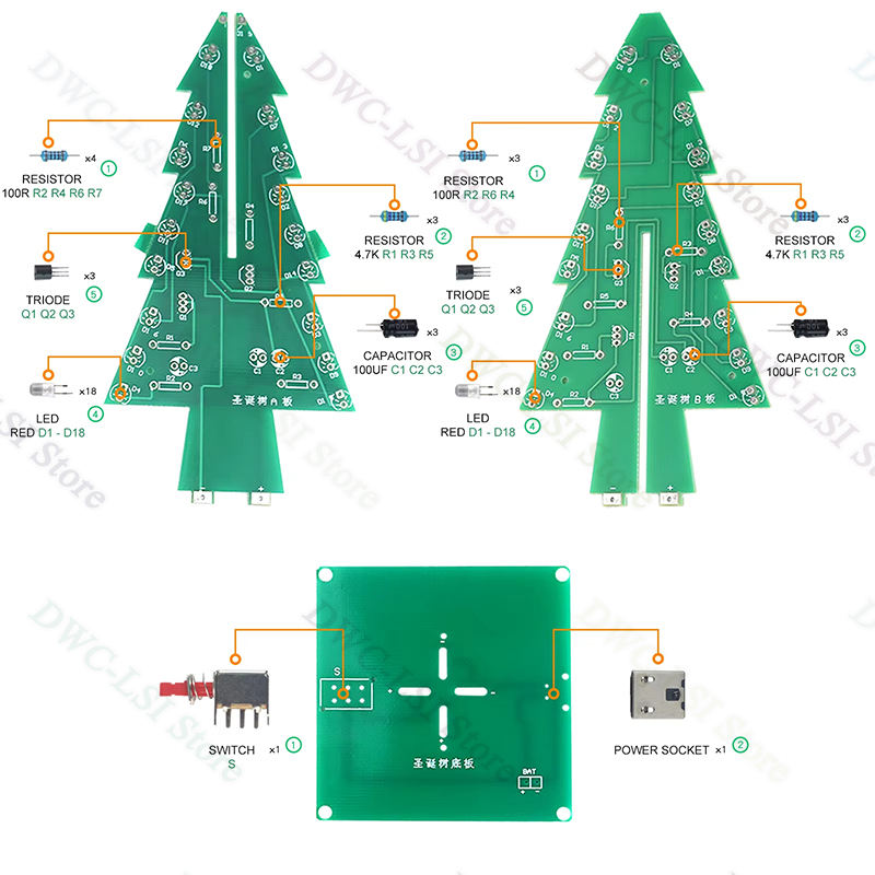 Creative 3D Christmas Tree LED DIY Kit Red/Green/Yellow LED Flash ...