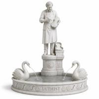 Fontaine de jardin en marbre sculptée à la main avec statue de luthier et deux becs de cygne, bassin à trou en F pour violon, pour l'aménagement paysager de villas et de terres de famille