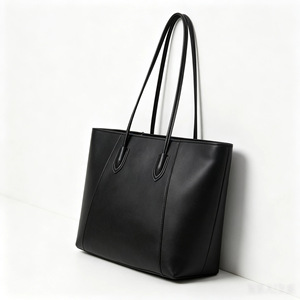 Sac fourre-tout minimaliste en cuir véritable noir, ouvert en dessus, grande capacité, sac à bandoulière quotidien pour femmes, toutes saisons - Product Image 2