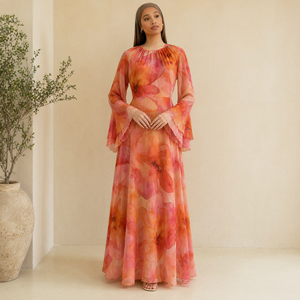 Loriya 2026 Abaya Estiva in Chiffon Floreale a Due Strati con Maniche Svasate, Vestito Lungo Islamico Modesto per Donna, Vendita all'Ingrosso - Product Image 4