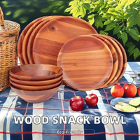 Vaisselle en bois d'acacia naturel pour cuisine de restaurant Bol de service rond écologique Ensemble d'assiettes et de bols en bois poli