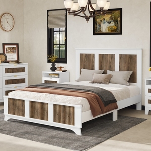 Farmhouse Wooden Platform Queen Size <b>Bed</b>, Modern Platform <b>Bed</b> with Wooden Strip Decoration, Plywood Slats Support - Product Image 1