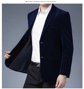 Blazer da <span class=keywords><strong>Uomo</strong></span> in Velluto a Coste Blu Gioiello con Colletto alla Coreana, Monopetto, Righe Verticali Blu, Stile <span class=keywords><strong>Elegante</strong></span> e di Alta Gamma - Product Image 6