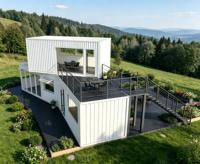 Villa conteneur préfabriquée blanche à deux étages, à ossature ondulée verticale, en kit, pour entrepôt/villa, design moderne pour station de villégiature en montagne