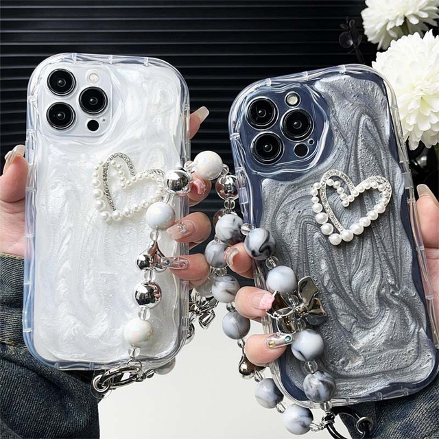 Cream Grain Pearl Love Heart Bead Bracelet Drop Glue TPU Mobile Phone Cover Case for Iphone 8 X Xr Xs 11 12 13 14 15 16 Pro Max