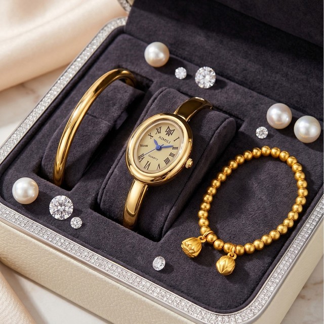 French-style Vintage Gold Alloy Oval Cream-Toned Women's Watch Three-Piece Set Plain Band Polished Gold Bracelet Lotus-Pod-Style