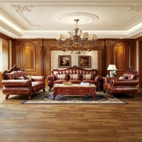 Klassisches Amerikanisches Echtleder-Sofa-Set Massivholz Handgeschnitztes Sofa Villa Wohnzimmer Heim-Möbel