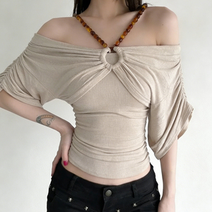 American Vintage Casual Street Style Off Shoulder Batwing Sleeve Ruched Tee Women Beaded Cut Out <b>Cross</b> Halter <b>Top</b> - Product Image 5