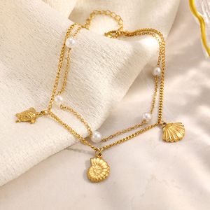 सोयोनी ग्रीष्मकालीन फैशन के अलेट 18k सोने की प्लेटेड स्टेनलेस स्टील डबल लेयर मोती चेन स्टारफिश शेल पेलेंट - Product Image 3