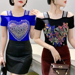 Camiseta de Fiesta para Mujer con Estampado de Mariposas, Pedrería, Hombros Descubiertos y Lentejuelas Brillantes, Top de Manga Corta para Discoteca - Product Image 6