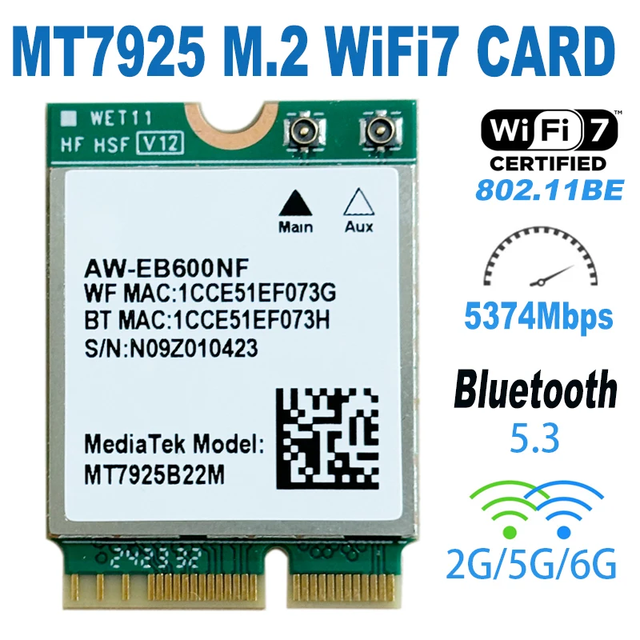 MT7925 Wi-Fi 7 M.2 BE5400 BT5.3 Adapter 5400Mbps WiFi Network Module for Windows 10/11 M.2 WiFi 7 Card