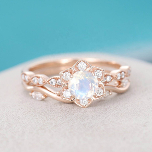 Ensemble de bagues de mariage en argent sterling 925 plaqué or rose, forme de fleur unique, ensemble de bagues de fiançailles en aquamarine taille ronde pour femmes - Product Image 5