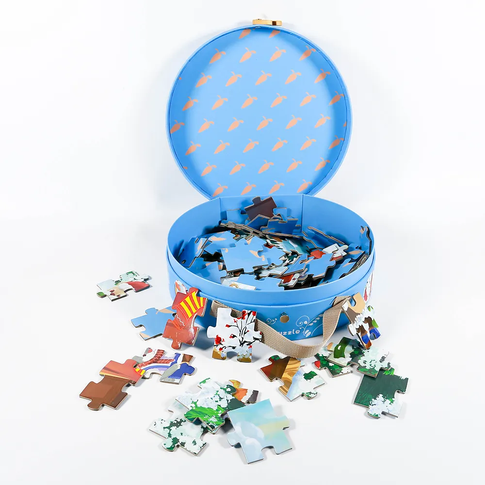 Boîte de puzzle ronde en carton de puzzle d'amusement de famille avec la boîte de cadeau de puzzle de poignée boîte-cadeau de carte de jeu 100 pièces