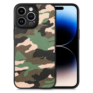 Camouflage Pattern Veneer Glue TPU PC Leather Back Cover Case For iPhone 14 13 Pro Max Plus
