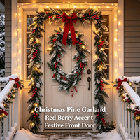 Guirlande de Noël floquée en cèdre, branche artificielle de sapin à feuilles persistantes, baies rouges, cône de pin, longue guirlande pour décorations de fête, vente en gros