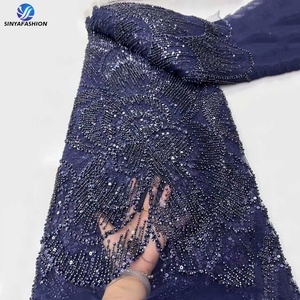 Dentelle Sinya de luxe en maille à sequins et perles, 5 yards, dernière collection, tissu en tulle français brodé perlé, <span class=keywords><strong>bordeaux</strong></span>, pour mariage et fête - Product Image 6