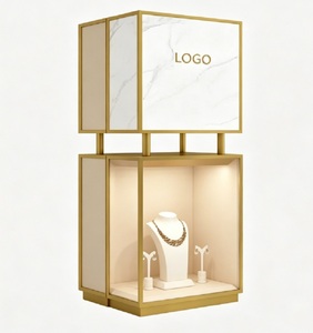 <span class=keywords><strong>Vitrina</strong></span> <span class=keywords><strong>de</strong></span> Exhibición <span class=keywords><strong>de</strong></span> Joyería <span class=keywords><strong>de</strong></span> Lujo en Oro y Mármol, Exhibidor <span class=keywords><strong>de</strong></span> Pedestal con Logotipo Personalizado e Iluminación LED para Boutiques - Product Image 2