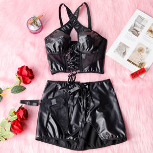 Ensemble de bikini texturé <span class=keywords><strong>en</strong></span> <span class=keywords><strong>cuir</strong></span> PU deux pièces romantique respirant pour femmes haut à licou à col croisé taille solide <span class=keywords><strong>jupe</strong></span> courte taille basse - Product Image 6