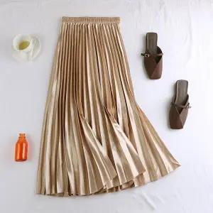Autumn <strong>Winter</strong> New Satin Metallic Pleated Korean Version Long <strong>Skirt</strong> Retro High Waisted fairy <strong>Skirt</strong> - Product Image 3
