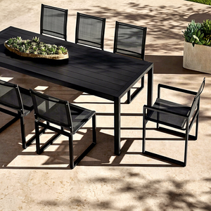 Custom Modern <b>Black</b> Aluminum Outdoor Dining Set, Patio Rectangular Dining <b>Table</b> with Mesh Dining Chairs, Weather Resistant - Product Image 1