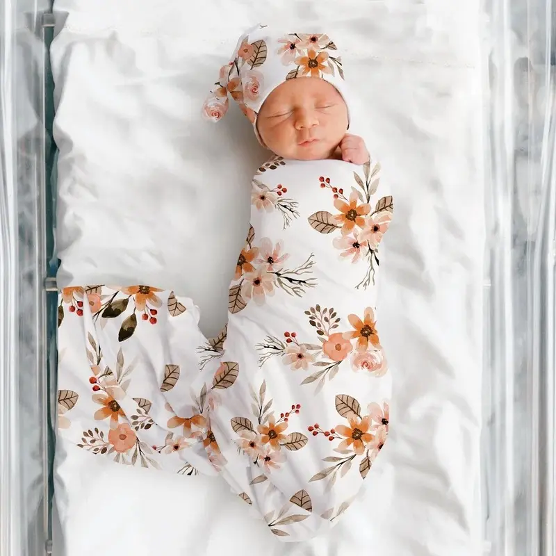 Baby Bloemenprint Inbakeren Deken Set Pasgeboren Baby Coming Home Outfit Unisex Baby Wrap Slaapzak Hoofdband Beanie