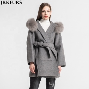 Fashion Cashmere Fur <strong>Coat</strong> Winter Women Real <strong>Wool</strong> Fox Fur Collar <strong>Coat</strong> <strong>With</strong> <strong>Hood</strong> - Product Image 2