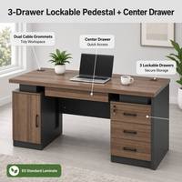 Bureau de direction moderne à double piétement avec armoire de classement et 3 tiroirs verrouillables – Idéal pour la maison et le bureau (Meilleures ventes)