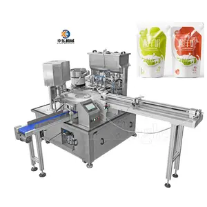 Doypack Pack Packaging Fully 4 Head Automatic Rotary Soft Drinks Spout Pouch Filling Capping Machine For Juice Milk Sauce